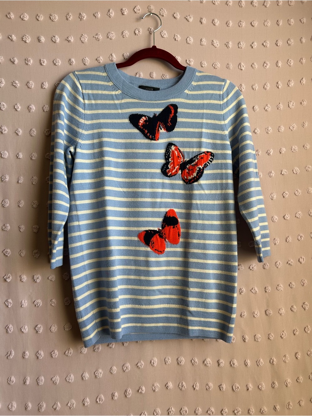 J. Crew Merino Wool Striped Butterfly Crewneck Sweater Sz S Blue White